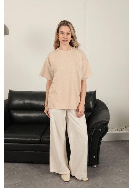 Sıfır Yaka Oversize Iki Iplik Tişört-Bej indirimleri