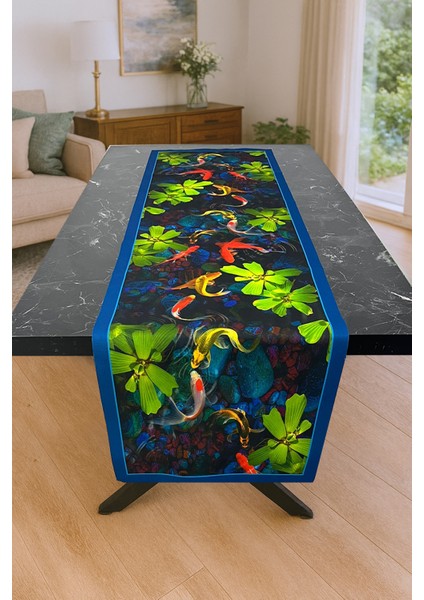 Su Bahçesi – 3D Balık ve Nilüfer Desenli Masa Runner & 4’lü Supla Takımı modelleri