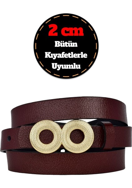 %100 Hakiki Deri, Gold Renk Tokalı Ince 2 cm Bordo Kadın Kemeri; Elbise, Pantolon Kemeri_gözovr