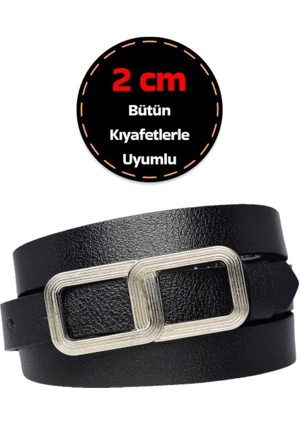 %100 Hakiki Deri, Gümüş Tokalı Ince 2 cm Siyah Kadın Kemeri; Elbise Kemeri, Pantolon Kemeri_gözlük