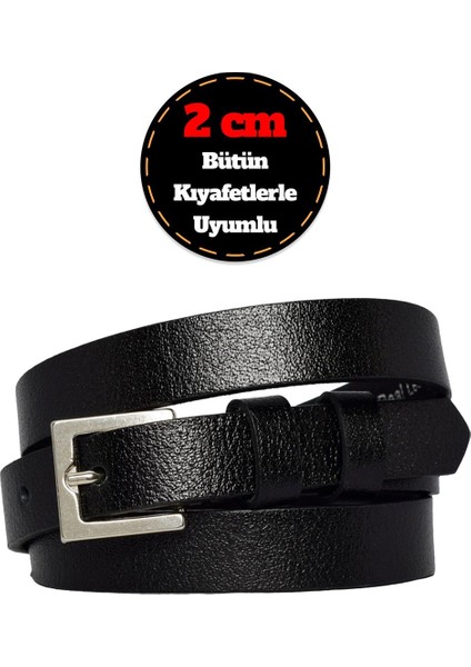 %100 Hakiki Deri, Gümüş Tokalı Ince 2 cm Siyah Kadın Kemeri; Elbise Kemeri, Pantolon Kemeri_kare