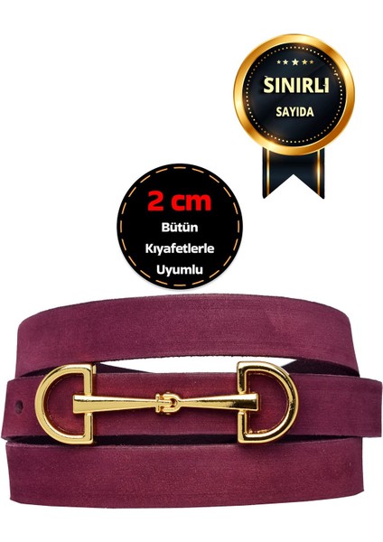 %100 Hakiki Yumuşak Nubuk Deri, Gold Renk Toka 2 cm Mor Kadın Kemer; Elbise, Pantolon Kemeri D&dgold