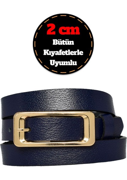 %100 Hakiki Deri, Gold Renk Tokalı Ince 2 cm Lacivert Kadın Kemeri; Elbise, Pantolon Kemeri_dikd