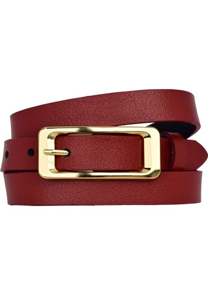%100 Hakiki Deri, Gold Renk Tokalı Ince 2 cm Kırmızı Kadın Kemeri; Elbise, Pantolon Kemeri Dikdört