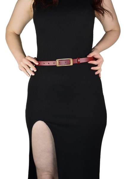 %100 Hakiki Deri, Gold Renk Tokalı Ince 2 cm Kırmızı Kadın Kemeri; Elbise, Pantolon Kemeri Dikdört indirimleri