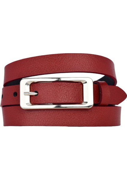 %100 Hakiki Deri, Gümüş Renk Tokalı Ince 2 cm Kırmızı Kadın Kemeri; Elbise, Pantolon Kemeri Dikdört