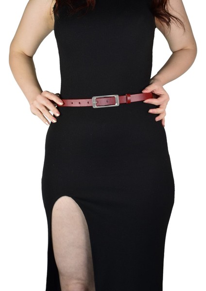 %100 Hakiki Deri, Gümüş Renk Tokalı Ince 2 cm Kırmızı Kadın Kemeri; Elbise, Pantolon Kemeri Dikdört indirimleri