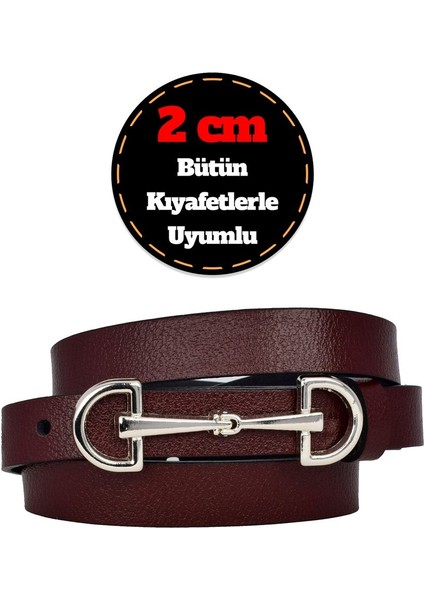 %100 Hakiki Deri, Gümüş Tokalı Ince 2 cm Bordo Kadın Kemeri; Elbise Kemeri, Pantolon Kemerid&d