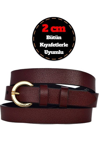 %100 Hakiki Deri, Gold Renk Tokalı Ince 2 cm Bordo Kadın Kemeri; Elbise, Pantolon Kemeri_kilit