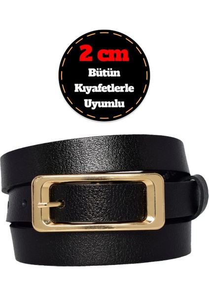 %100 Hakiki Deri, Gold Renk Tokalı Ince 2 cm Siyah Kadın Kemeri; Elbise, Pantolon Kemeri_dikdörtgen