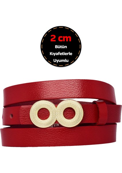 %100 Hakiki Deri, Gold Renk Tokalı Ince 2 cm Kırmızı Kadın Kemeri; Elbise, Pantolon Kemeri Göz.oval