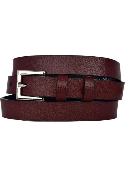 %100 Hakiki Deri, Gümüş Tokalı Ince 2 cm Bordo Kadın Kemeri; Elbise Kemeri, Pantolon Kemeri_kare