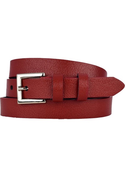 %100 Hakiki Deri, Gümüş Renk Tokalı Ince 2 cm Kırmızı Kadın Kemeri; Elbise, Pantolon Kemeri Kare.