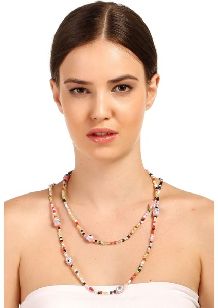 Nazar Boncuklu Renkli Çift Sıra Kolye