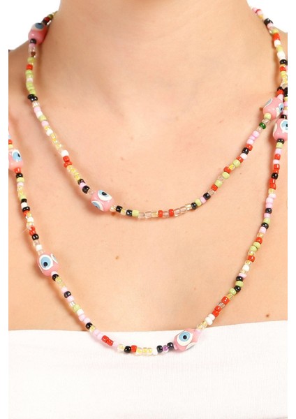 Nazar Boncuklu Renkli Çift Sıra Kolye fiyatları