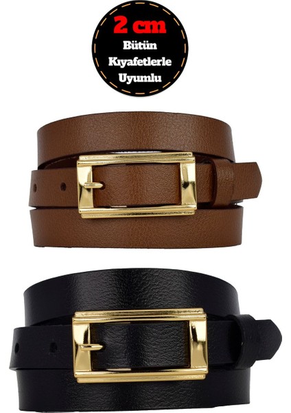 %100 Hakiki Deri 2'li Set Gold Renk Tokalı 2 cm Kadın Kemeri Siyah, Kahve Her Kıyafete Uyar _y.dik
