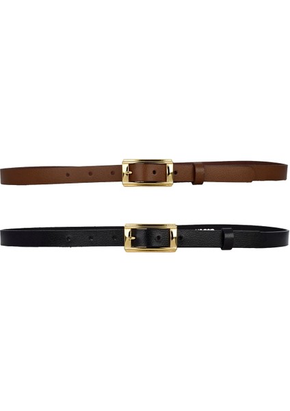 %100 Hakiki Deri 2'li Set Gold Renk Tokalı 2 cm Kadın Kemeri Siyah, Kahve Her Kıyafete Uyar _y.dik