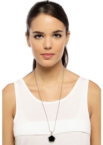 Parlak Taşlı Siyah Çiçek Kolye fiyatları