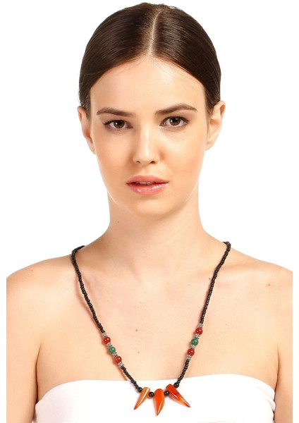 Turuncu Üç Diş Model Boncuklu Kolye