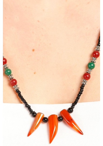 Turuncu Üç Diş Model Boncuklu Kolye fiyatları