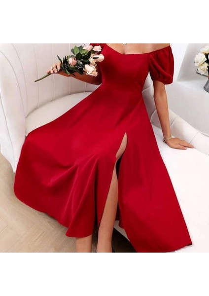 Kadın Kısa Kollu Kare Yakalı Yırtmaçlı Midi Janjan Krep Elbise