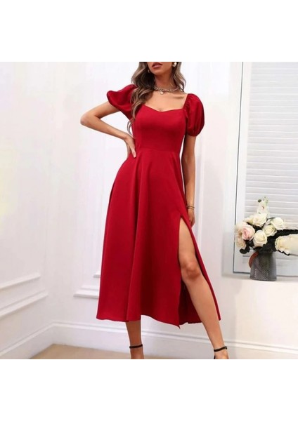 Kadın Kısa Kollu Kare Yakalı Yırtmaçlı Midi Janjan Krep Elbise fiyatları