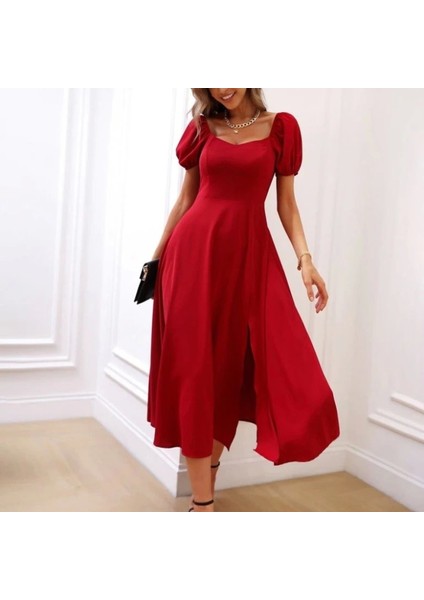 Kadın Kısa Kollu Kare Yakalı Yırtmaçlı Midi Janjan Krep Elbise modelleri