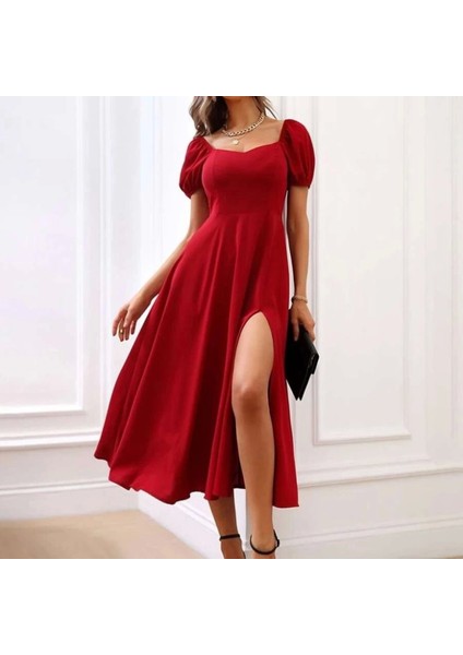 Kadın Kısa Kollu Kare Yakalı Yırtmaçlı Midi Janjan Krep Elbise fırsatları