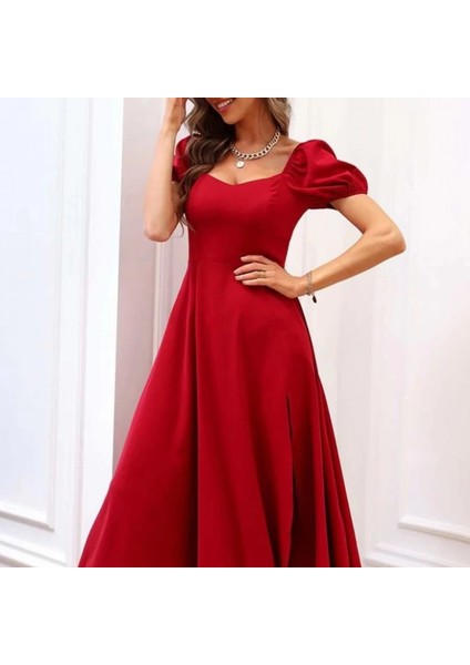 Kadın Kısa Kollu Kare Yakalı Yırtmaçlı Midi Janjan Krep Elbise indirimleri