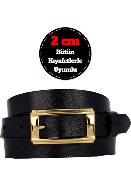 %100 Hakiki Deri Gold Renk Dikdörtgen Tokalı Siyah Kadın Kemeri 2cm Bütün Kıyafetlere Uyar_yeni.dik