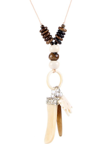 Hint Figür Ahşap Boncuklu Beyaz Renkli Unisex Kolye