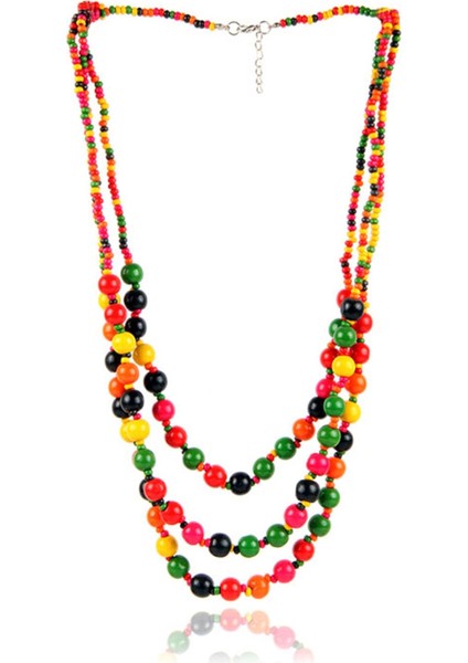 Natürel Ahşap Boncuklu Üç Sıra Kolye