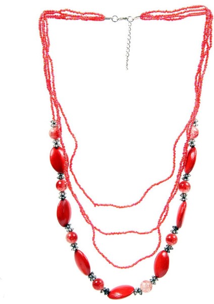 Oval Kırmızı Taşlı Boncuk Kolye