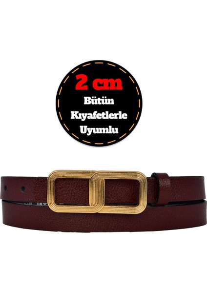 %100 Hakiki Deri, Gold Renk Tokalı Ince 2 cm Bordo Kadın Kemeri; Elbise, Pantolon Kemeri_gözlük