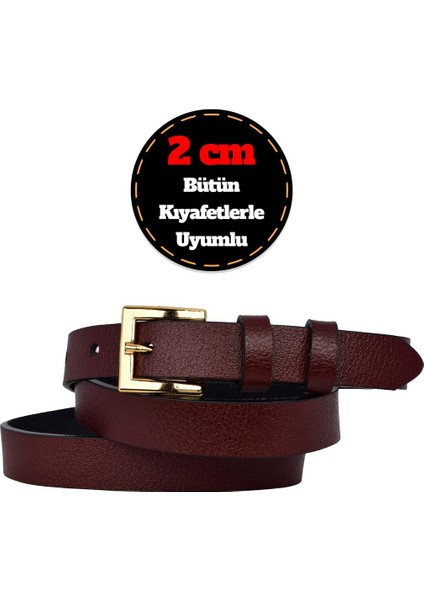 %100 Hakiki Deri, Gold Renk Tokalı Ince 2 cm Bordo Kadın Kemeri; Elbise, Pantolon Kemeri_kare