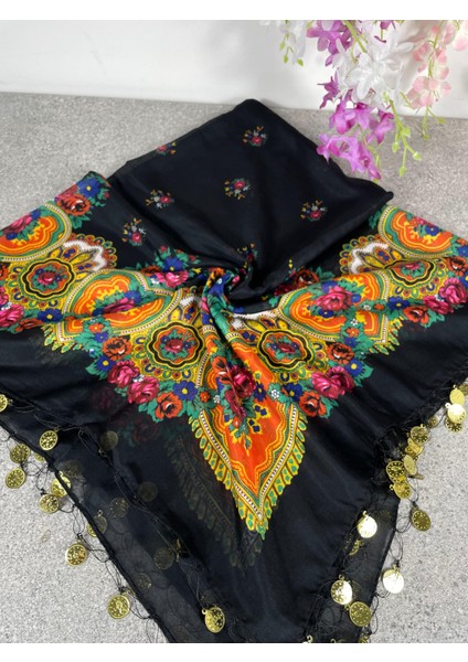 Mardin Yazması Çiçek Desenli Pullu Başörtüsü – 100X100 cm
