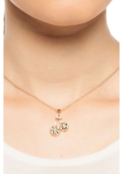 Zirkon Taşlı Kiraz Figür Altın Renkli Kolye