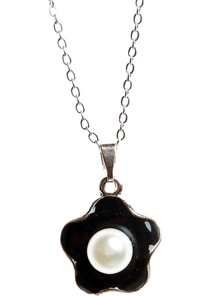 Siyah Çiçek Figür Incili Kolye