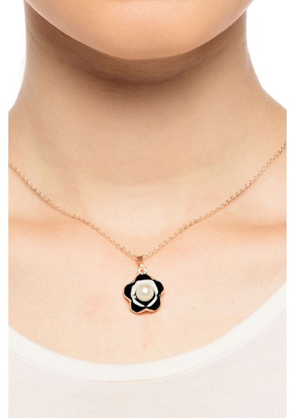 Siyah Çiçek Figür Incili Kolye fiyatları
