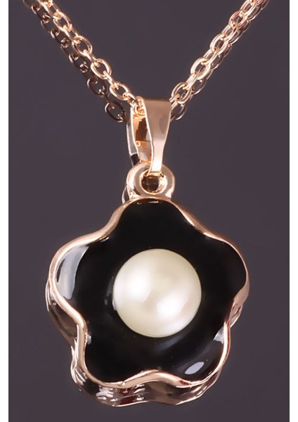 Siyah Çiçek Figür Incili Kolye modelleri