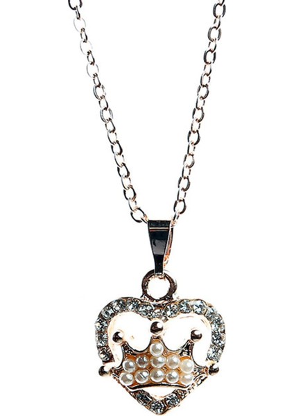 Parlak Taşlı Taç ve Inci Süslemeli Kalp Kolye