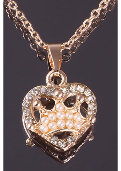 Parlak Taşlı Taç ve Inci Süslemeli Kalp Kolye modelleri