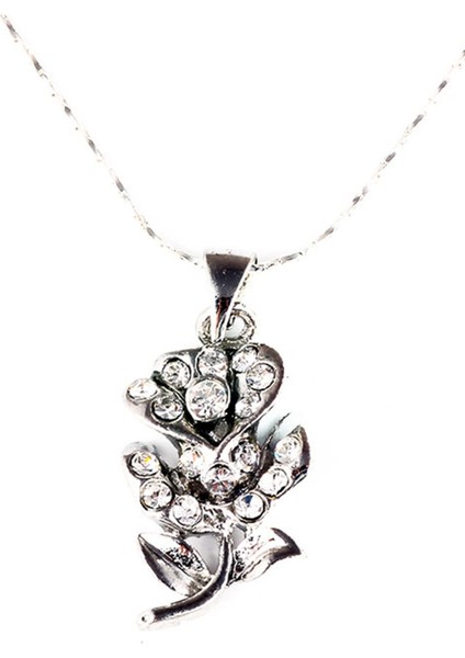 Zirkon Taşlı Çiçek Gümüş Renkli Kolye