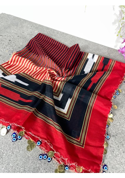 Karadeniz Yazması Kırmızı Siyah Çizgili Sarı Pullu Başörtüsü – 100x100 cm indirimleri
