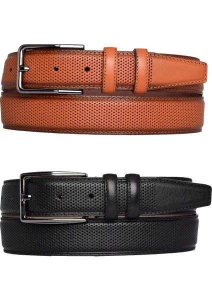 %100 Hakiki Deri, 2'li Set Siyah, Açık Taba Dikişli Nokta Baskılı Kumaş Pant. Kemeri 3.5 Cm_noktalı