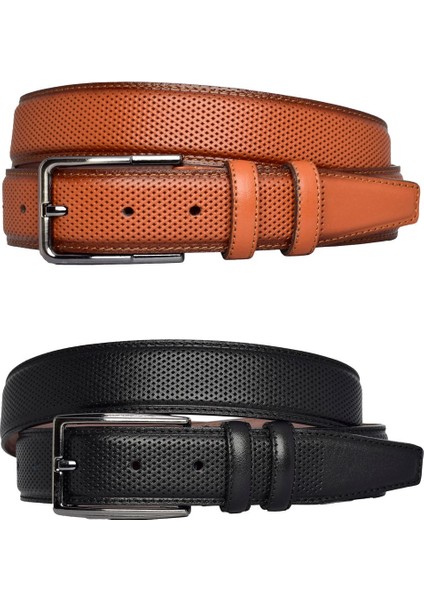 %100 Hakiki Deri, 2'li Set Siyah, Açık Taba Dikişli Nokta Baskılı Kumaş Pant. Kemeri 3.5 Cm_noktalı modelleri