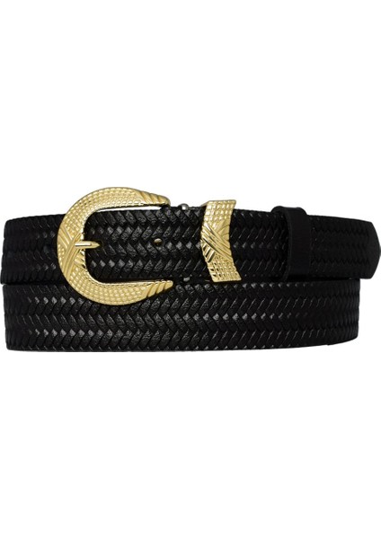 %100 Hakiki Deri Gold Tokalı Örgü Desenli Siyah Ince Kadın Kemeri, 3cm=3cm-Kdn-27