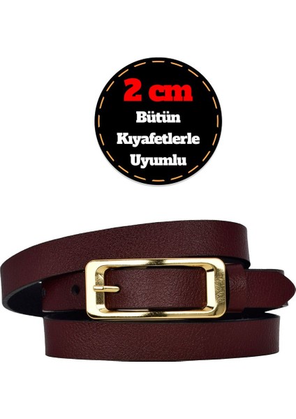%100 Hakiki Deri, Gold Renk Tokalı Ince 2 cm Bordo Kadın Kemeri; Elbise, Pantolon Kemeri_dikdörtgen