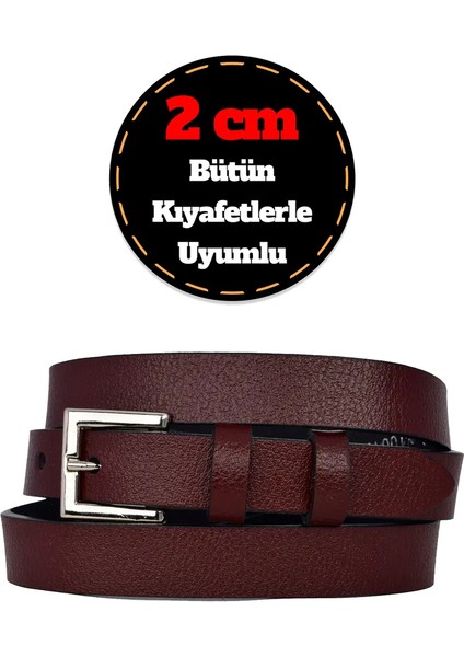 %100 Hakiki Deri, Gümüş Tokalı Ince 2 cm Bordo Kadın Kemeri; Elbise Kemeri, Pantolon Kemeri_kare