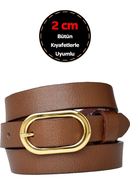 %100 Hakiki Deri, Gold Renk Tokalı 2 cm Açık Kahverengi Kadın Kemeri; Elbise, Pantolon KEMERI_2OVAL